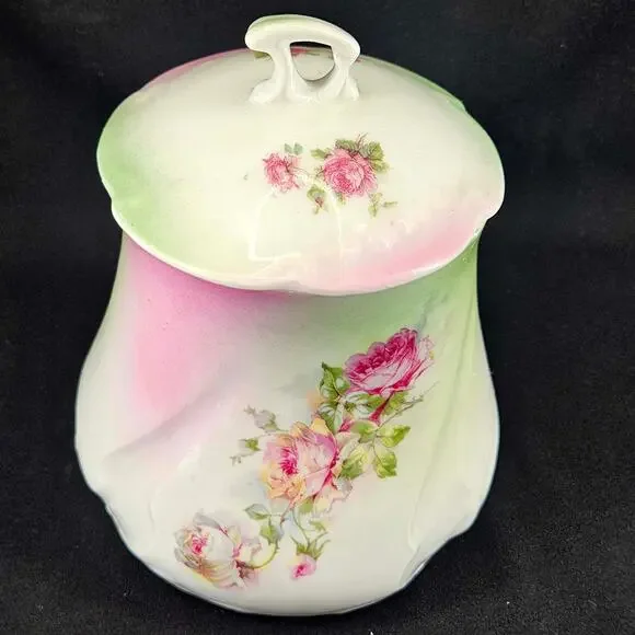 Antique Victorian Floral Hand Painted delicate porcelain Biscuit Jar w Lid